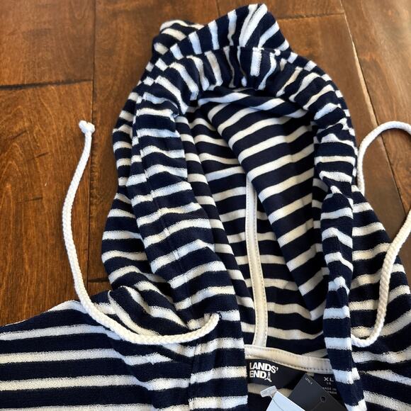 NWT‎ Lands' End Striped V-Neck Terry Hooded Swimsuit Cover Up Dress Blue XS - Picture 4 of 9